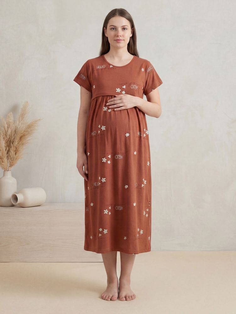 Secret Wish Rust Printed Hosiery Maternity Dress-image-0