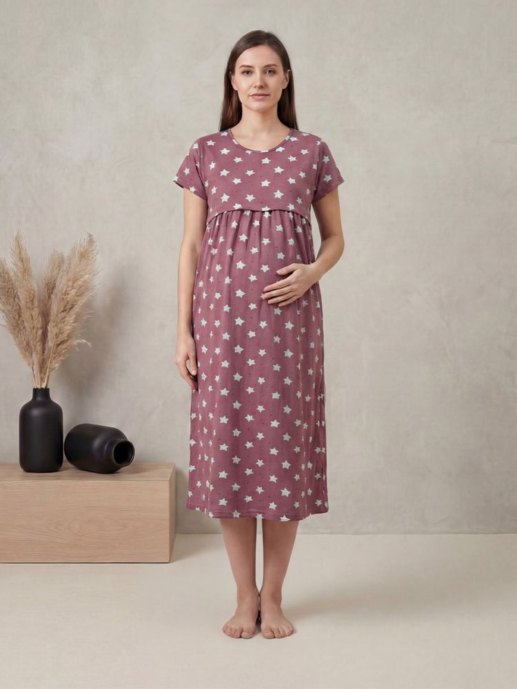Secret Wish Mauve Pink Star Printed Hosiery Maternity Dress-image-39