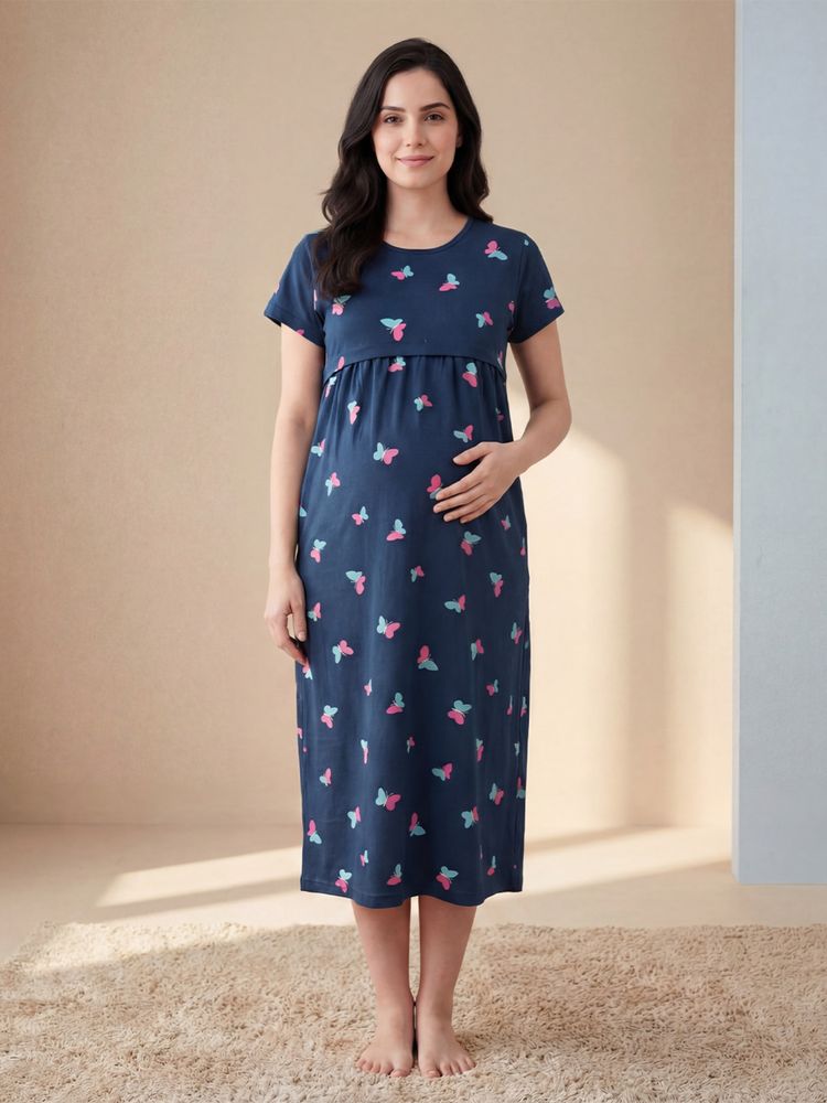 Secret Wish Navy Blue Butterfly Hosiery Maternity Dress-picture-17