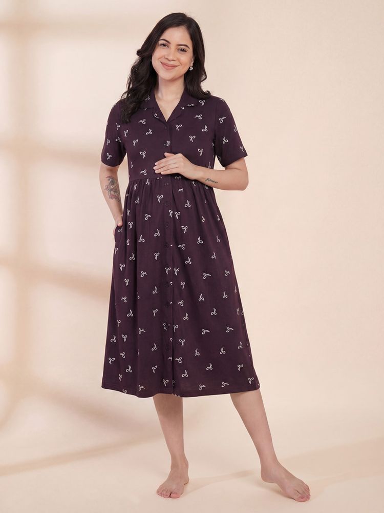 Secret Wish Purple Printed Hosiery Padded Maternity Dress-picture-27