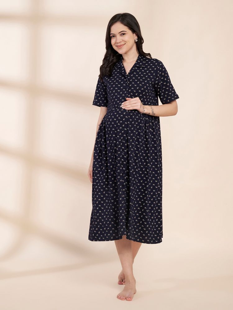 Secret Wish Navy Blue Printed Hosiery Padded Maternity Dress-image-39