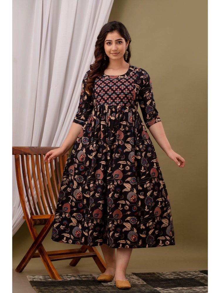 UrbanRang Midnight Garden Handblock Flared Maternity Dress with Feeding Zippers-picture-10