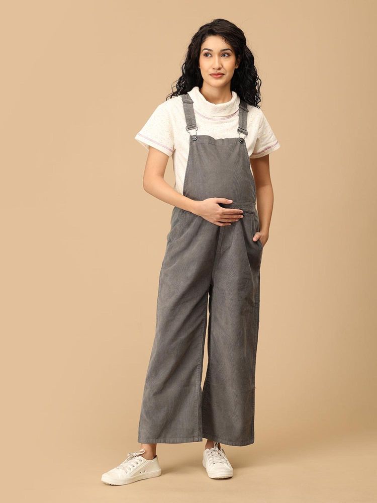 The Mom Store Olive Corduroy Maternity Dungaree-image-6