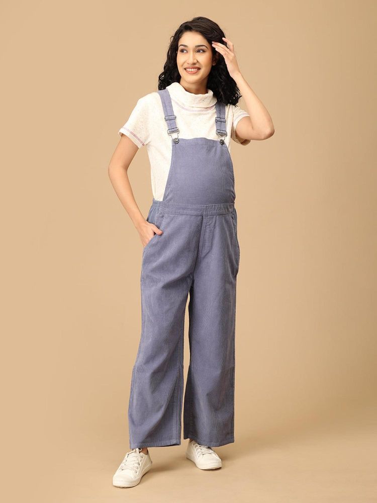 The Mom Store Powder Blue Corduroy Maternity Dungaree-image-1