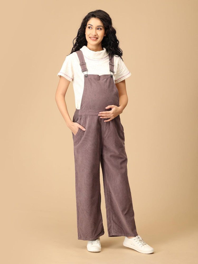 The Mom Store Taupe Corduroy Maternity Dungaree-image-0