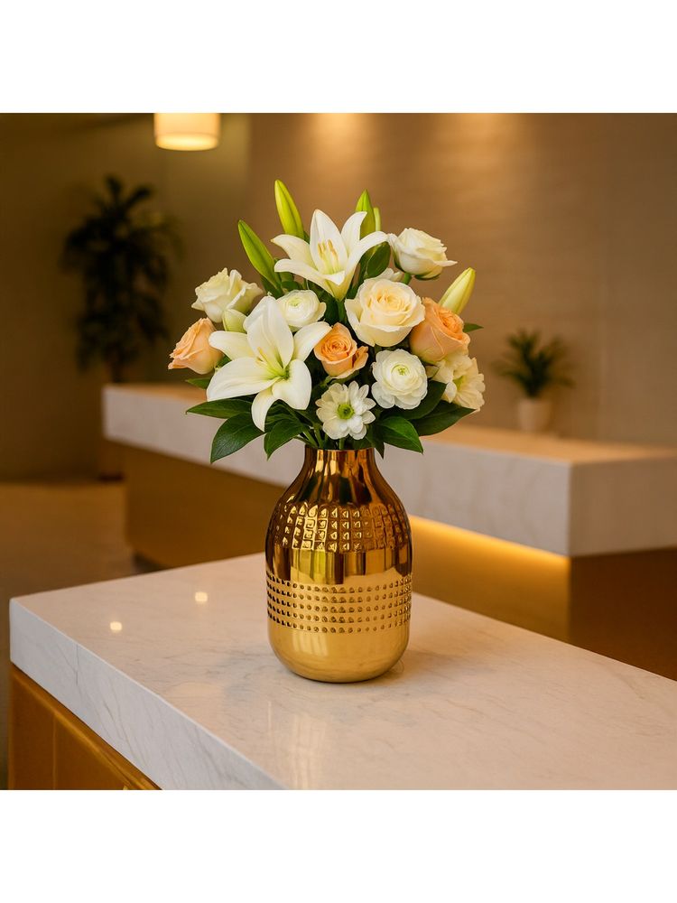Voncasa Gold Toned Textured Iron Gourd Shape Glossy Finish Flower Vase-image-43