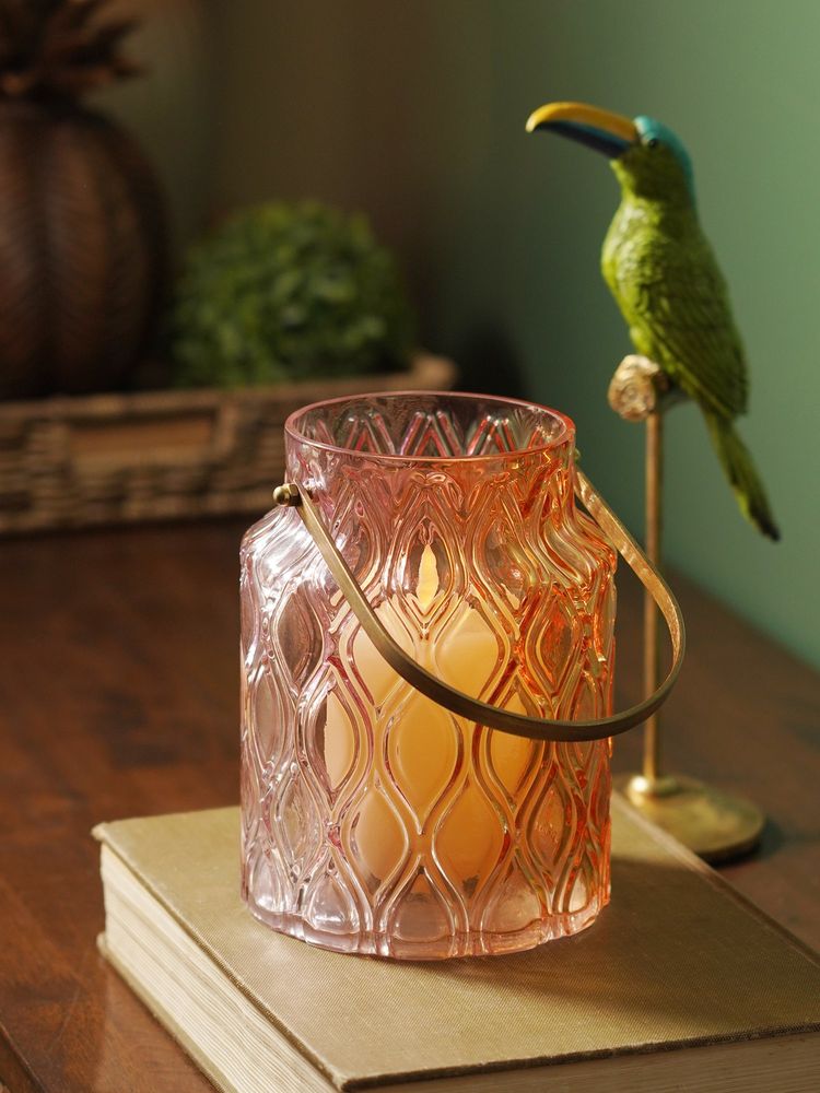 Pure Home + Living Orange Pink Ombre Textured Glass Lantern-image-4