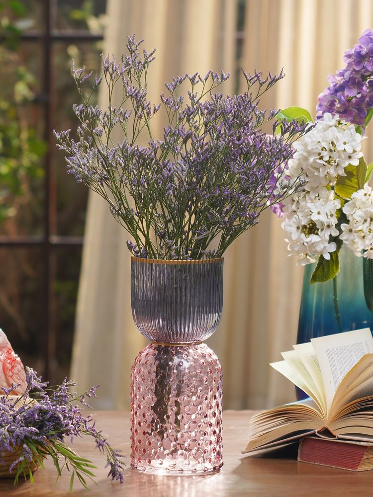 Pure Home + Living Blue Pink Colour blocked Textured Glass Vase-image-49