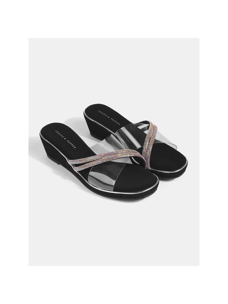 Lemon & Pepper Women Black Fancy Slip On Wedges Heels-image-28