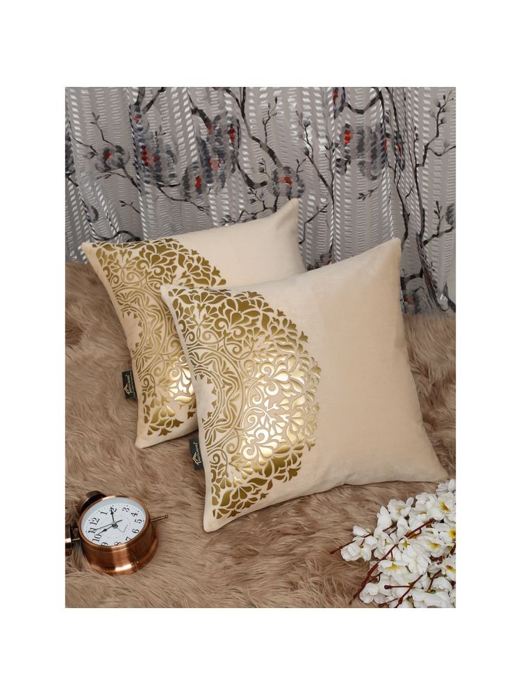 HOSTA HOMES Cream and Gold Toned Set of 2 Ethnic Motifs Velvet Square Cushion Covers-picture-30