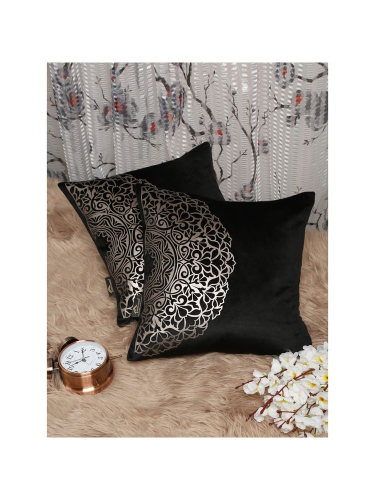 HOSTA HOMES Black and Gold Toned Set of 2 Ethnic Motifs Velvet Square Cushion Covers-picture-16