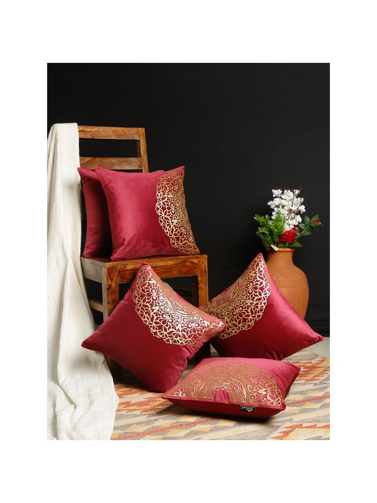 HOSTA HOMES Red and Gold Toned Set of 5 Ethnic Motifs Velvet Square Cushion Covers-picture-17