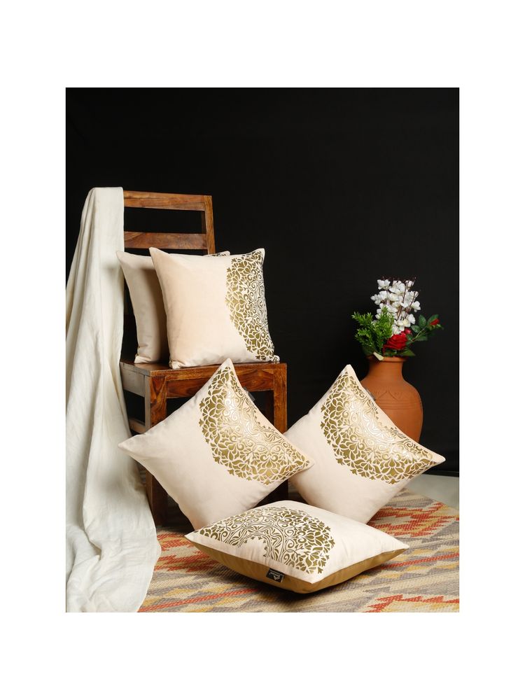 HOSTA HOMES Cream and Gold Toned Set of 5 Ethnic Motifs Velvet Square Cushion Covers-picture-11