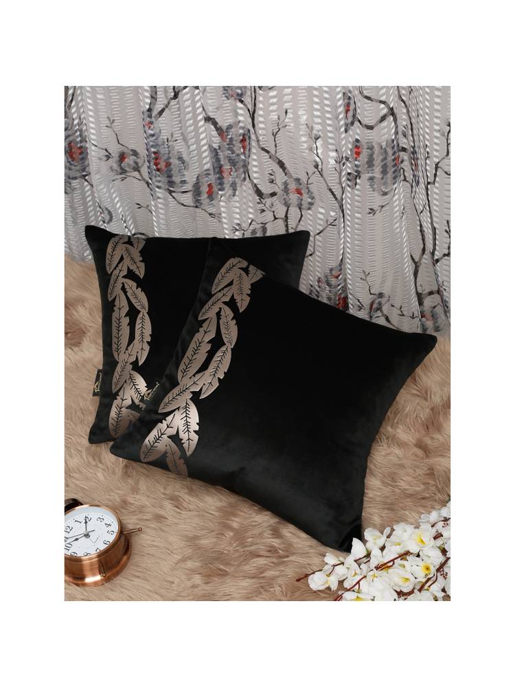 HOSTA HOMES Black and Gold Toned Set of 2 Printed Velvet Square Cushion Covers-picture-19