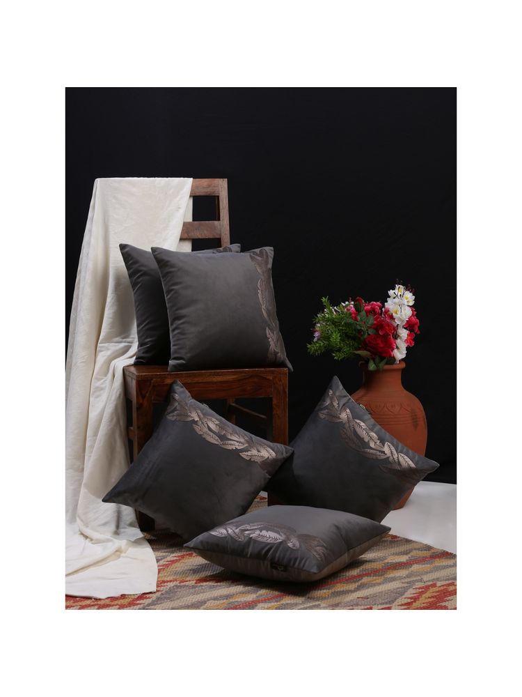 HOSTA HOMES Grey and Gold Toned Set of 5 Printed Velvet Square Cushion Covers-image-38