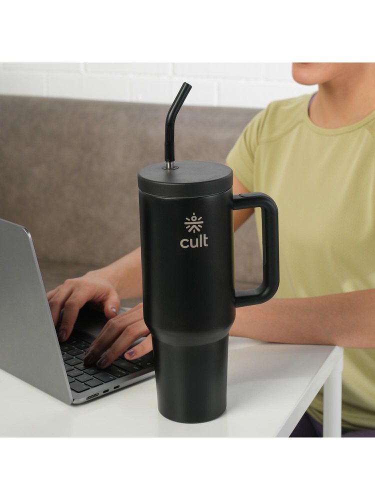 CULT Tumbler 1200Ml Steel Straw With Straw Cap And Cleaner Unisex Black-picture-1
