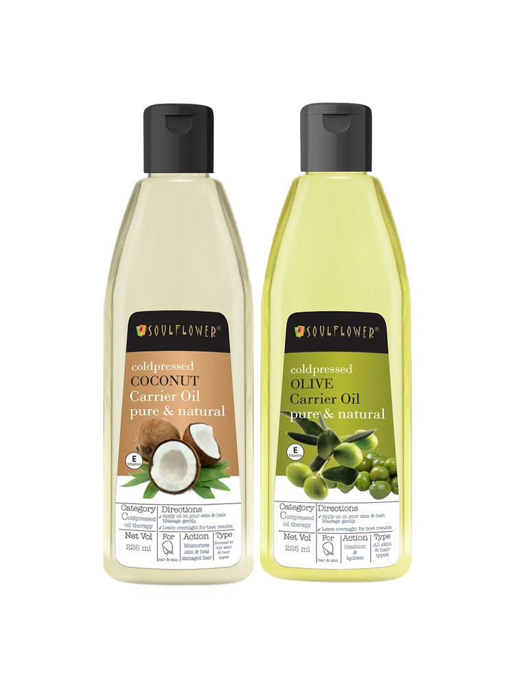 Soulflower 100% Pure Cold Pressed Olive And Extra Virgin Coconut Hair Oil Moisturizer Hair Duo