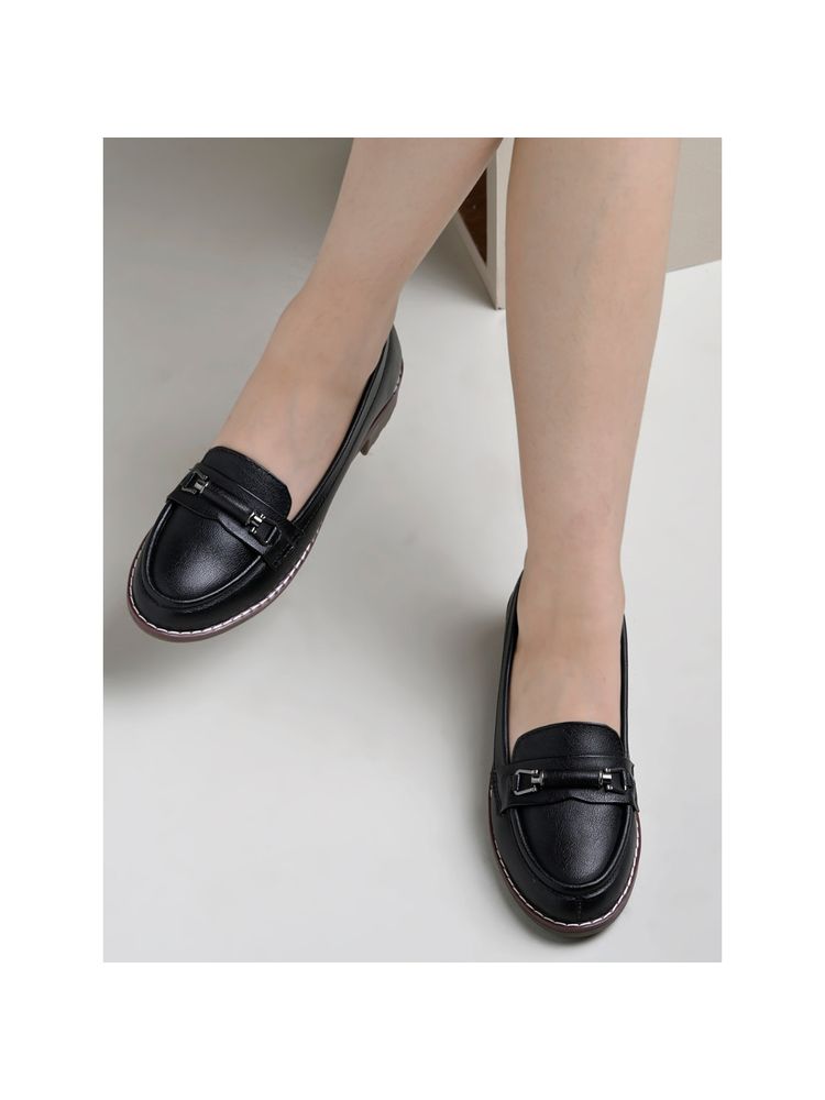 Shoetopia Upper Buckle Detailed Black Loafers for Women-picture-10