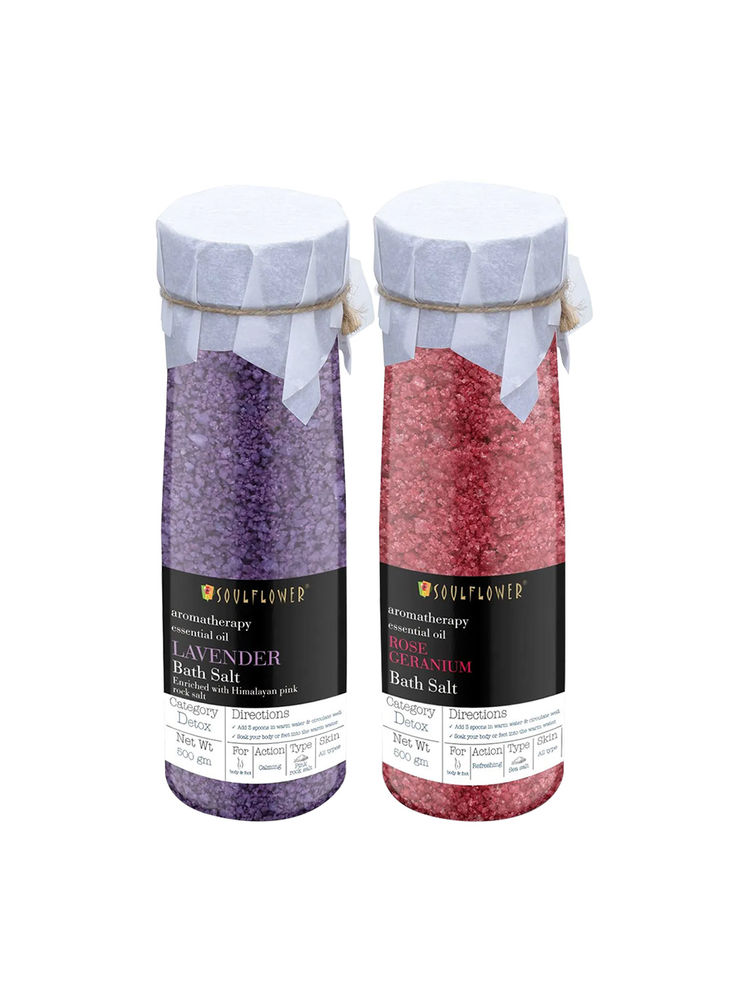 Soulflower Lavender & Rose Geranium Bath Salt Combo For Detoxifying Skin And Feet Relaxation