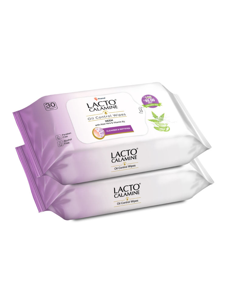 Lacto Calamine Oil Control Face Wipes, Makeup Remover wipes with Neem & Aloe - Pack of 2