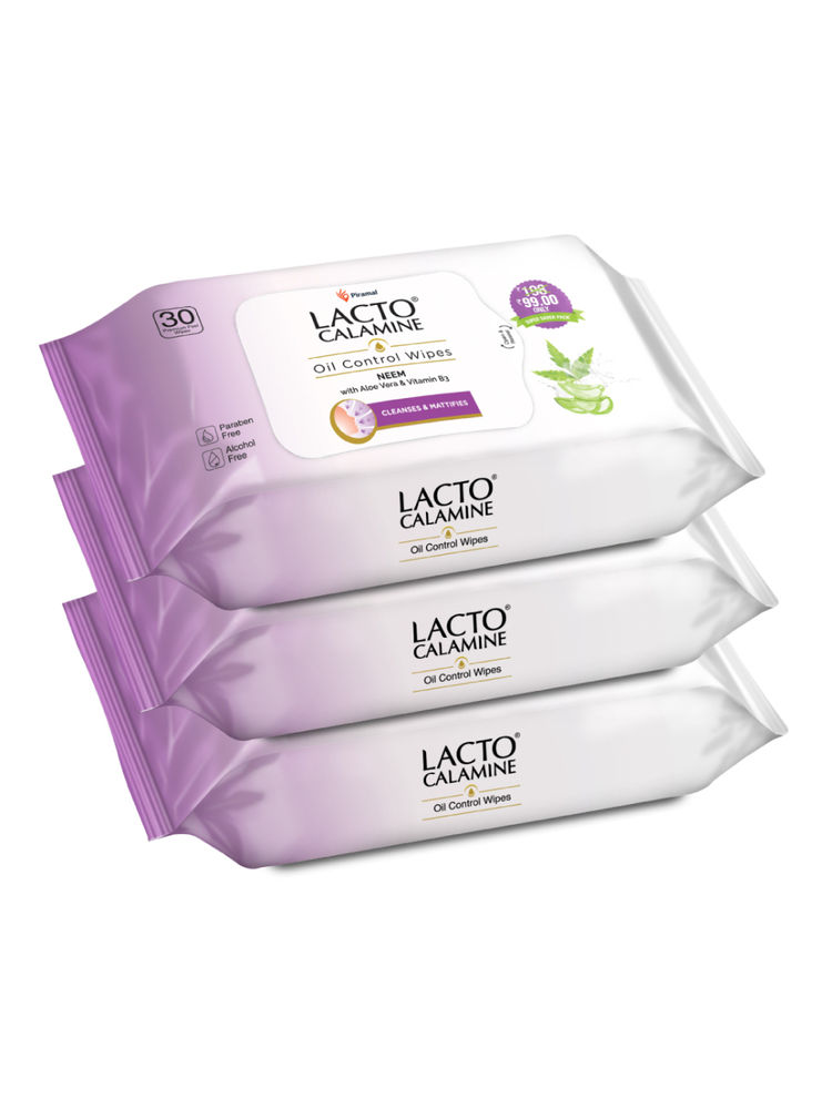 Lacto Calamine Oil Control Face Wipes, Makeup Remover wipes with Neem & Aloe - Pack of 3