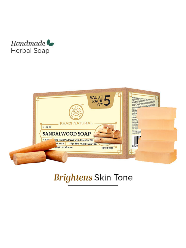 Khadi Natural Sandalwood Soap for Tan Removal, Acne and Rough Skin Pack of 5