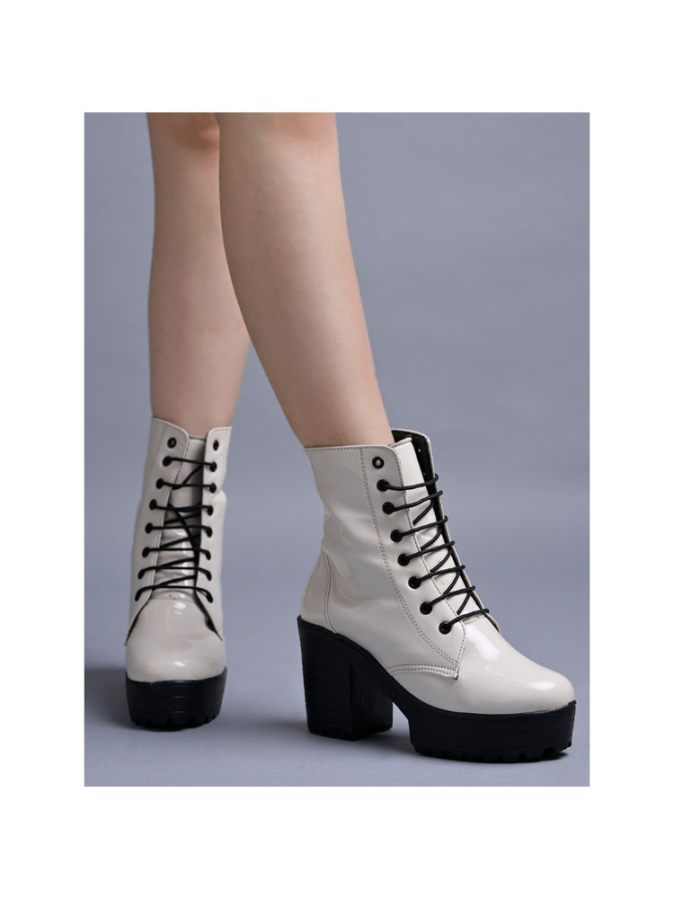 Shoetopia Women Lace Up Block Heeled Western Ivory Casual Boots-image-17