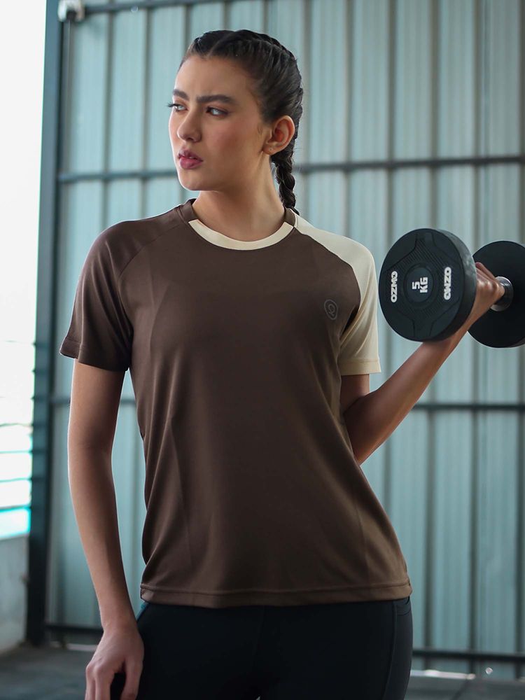 CHKOKKO Women Cream Coffee Half Sleeve Gym T-Shirt-image-33