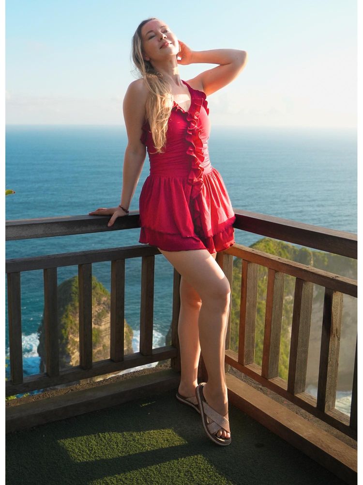 Keepfit Women's Ruffled Neck Red Swimsuit-picture-22