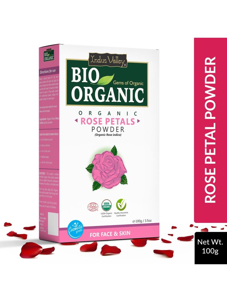 Indus Valley Bio Organic Rose Petals Powder for Skin Care with Vitamin A & C for Glow & Brightness