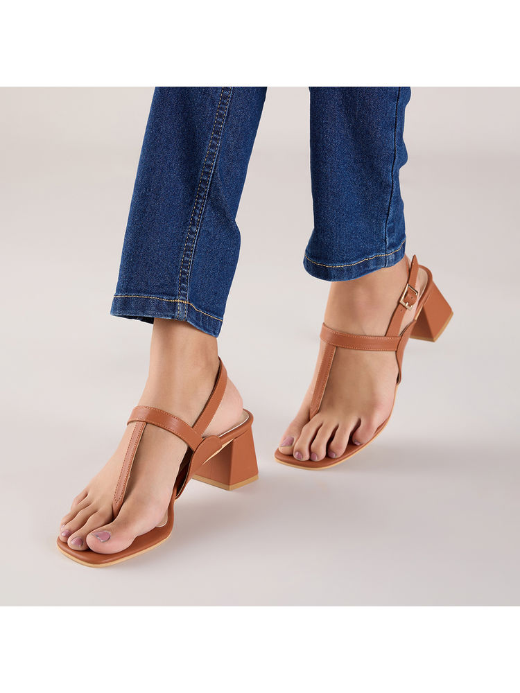Twenty Dresses by Nykaa Fashion Tan Self Textured T Strap Block Heels-image-16