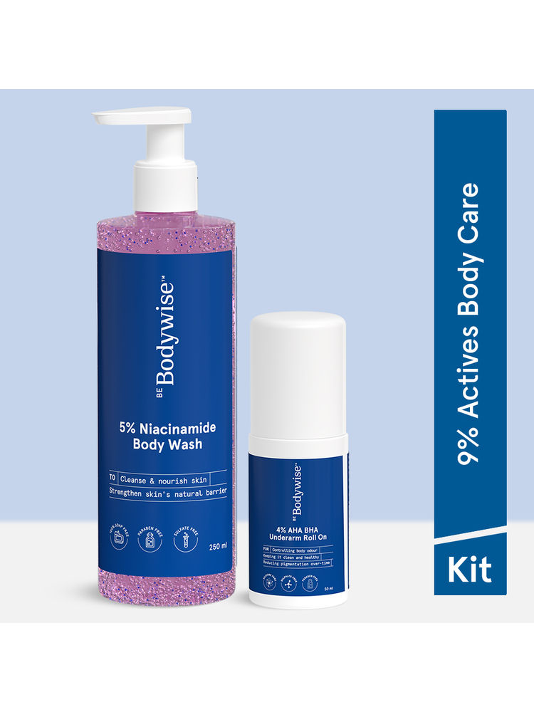Be Bodywise 5% Niacinamide Body Wash & 4% AHA BHA Underarm Roll On for Skin Exfoliation