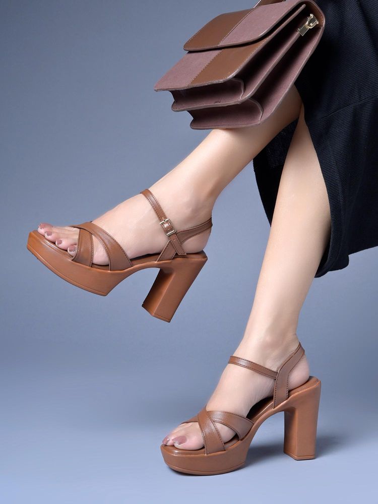 Shoetopia Women Tan Cross-Strap Block High Heels with Ankle Strap-image-45