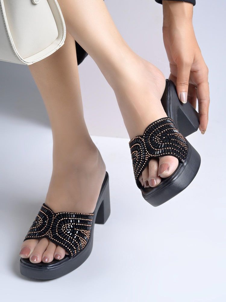 Shoetopia Women Rose Gold Embellished Block Heels-image-15