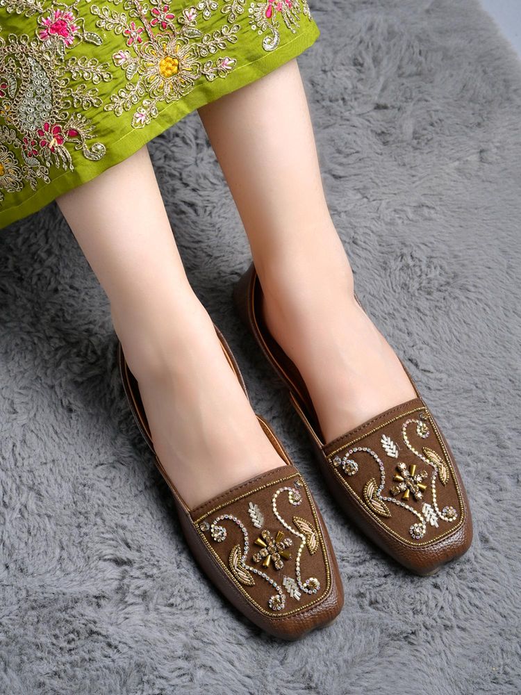 Shoetopia Women Brown Ethnic Hand-Embroidered Sequin and Bead Juttis-image-44