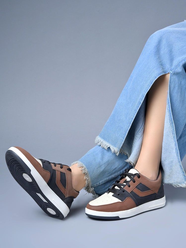 Shoetopia Women Black Colorblock Low-Top Textured Casual Lace-Up Sneakers-image-5