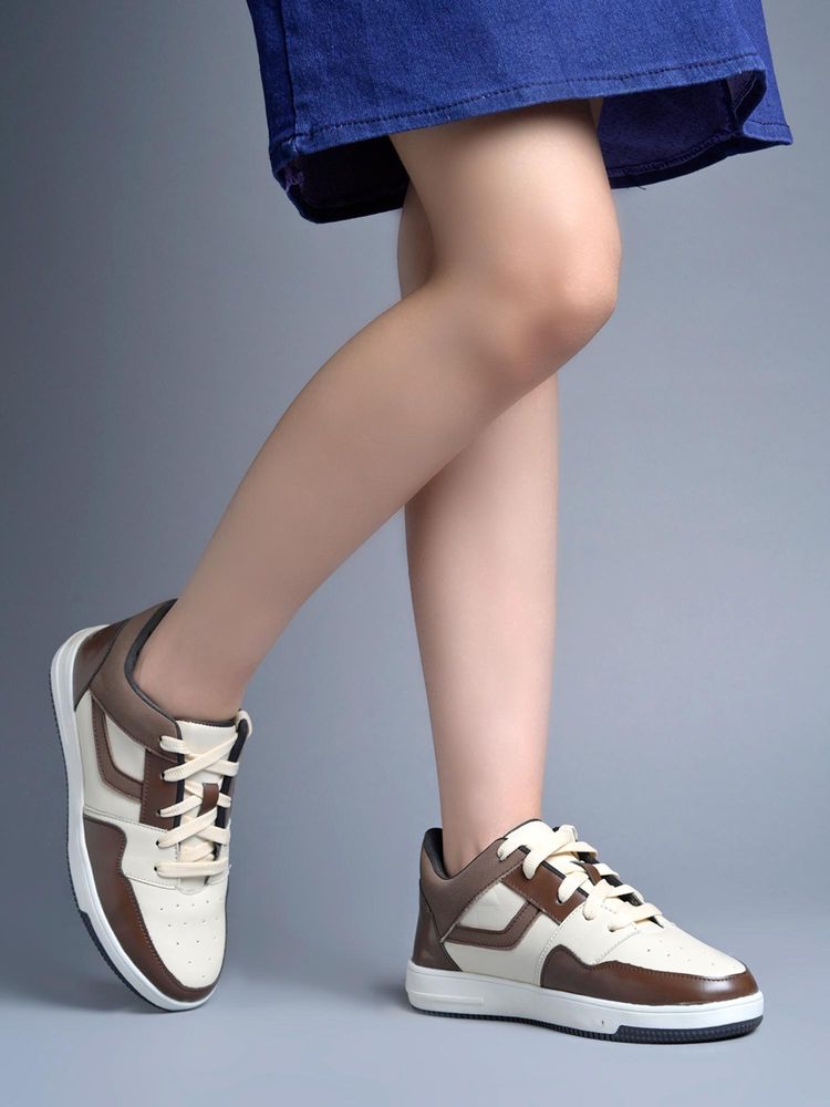 Shoetopia Women Brown Colorblock Low-Top Textured Casual Lace-Up Sneakers-image-4