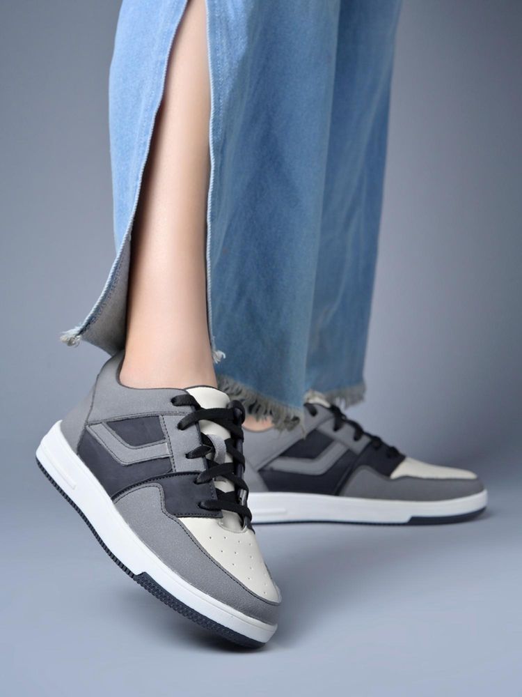 Shoetopia Women Grey Colorblock Low-Top Textured Casual Lace-Up Sneakers-image-47