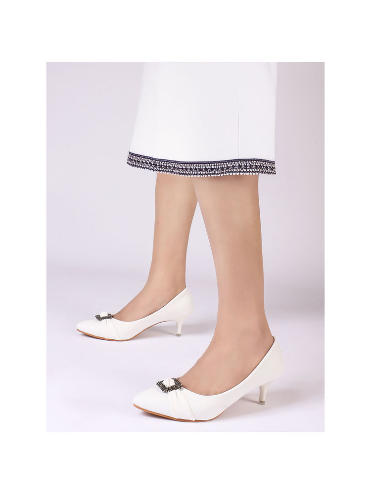 Iconics Women White Rhinestone Detail Kitten Heel Pumps-picture-27