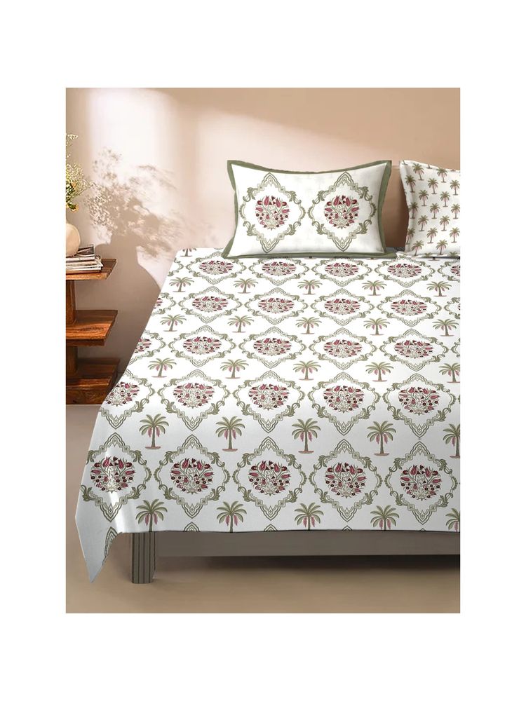 Eyda White Floral Printed Cotton Bedsheet with 2 Pillow Covers (King)-picture-2