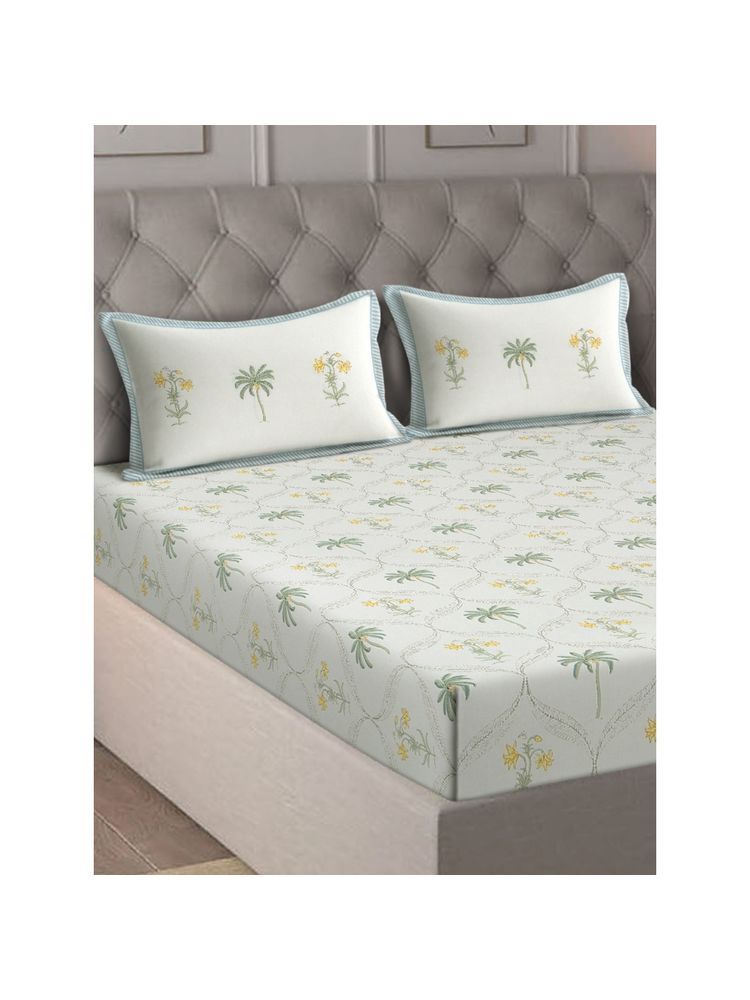 Eyda Floral Printed Cream Cotton Bedsheet with 2 Pillow Covers (King)-picture-35