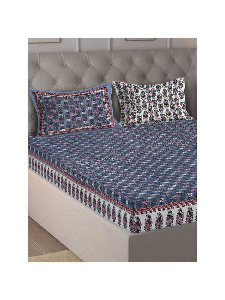 Eyda Ethnic Printed Grey Cotton Bedsheet with 2 Pillow Covers (King)-image-6