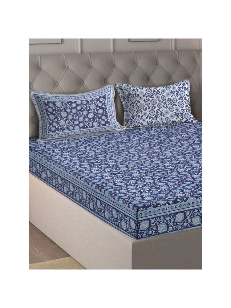 Eyda Ethnic Printed Navy Blue Cotton Bedsheet with 2 Pillow Covers (King)-image-42