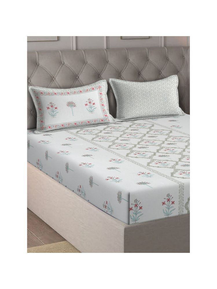 Eyda Ethnic Printed White Cotton Bedsheet with 2 Pillow Covers (King)-picture-23