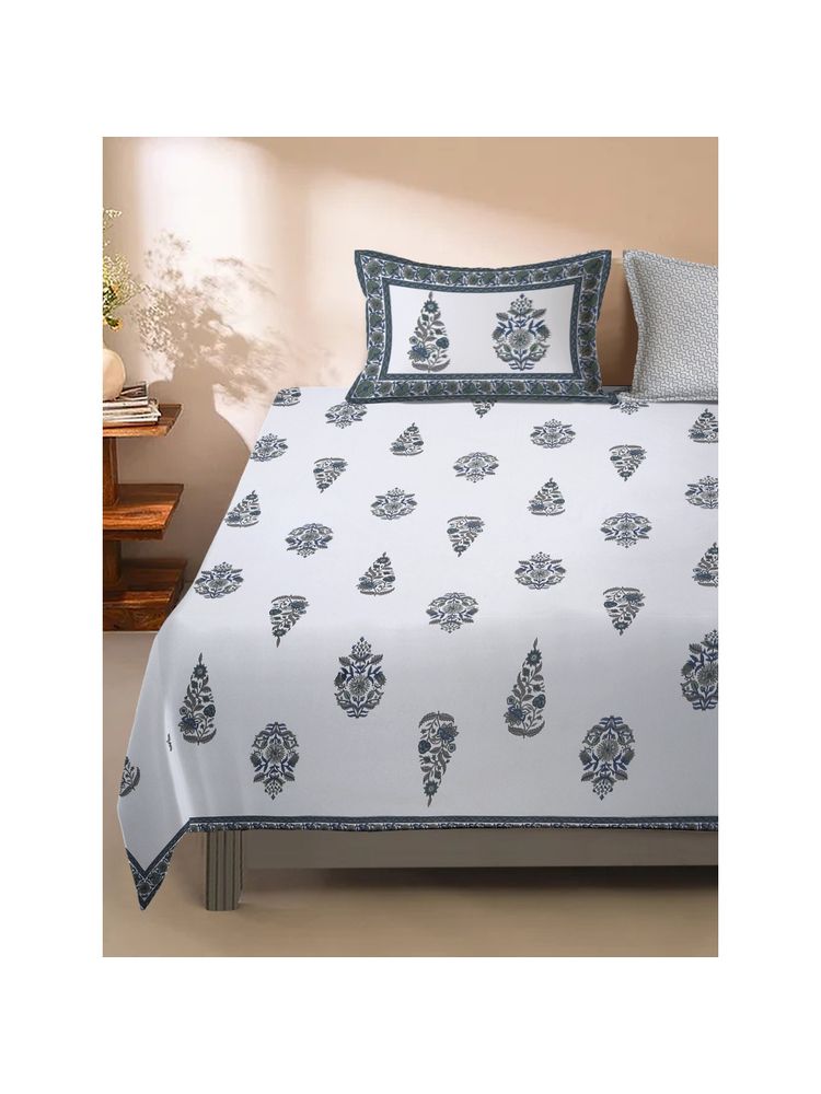 Eyda White Ethnic Printed 180 Tc Cotton Bedsheet with 2 Pillow Covers (King)-image-5