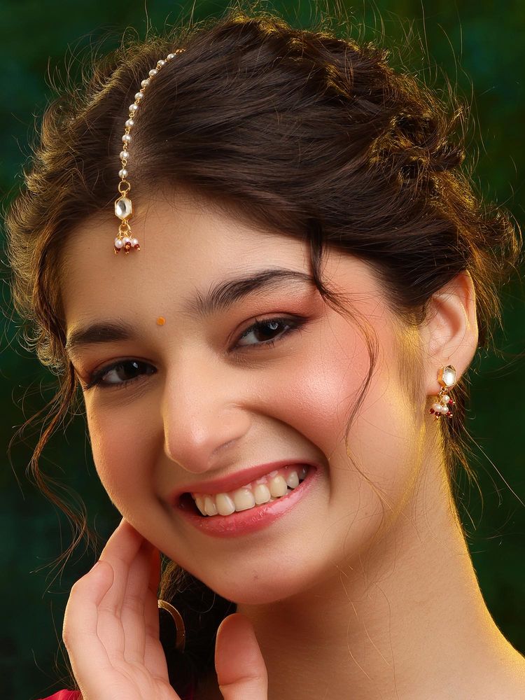 Ruby Raang Studio Womens White Kundan Maang Tikka with Earrings-picture-24