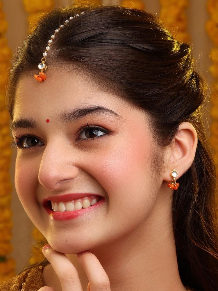 Ruby Raang Studio Orange Embedded Maang Tikka with Earrings-picture-32