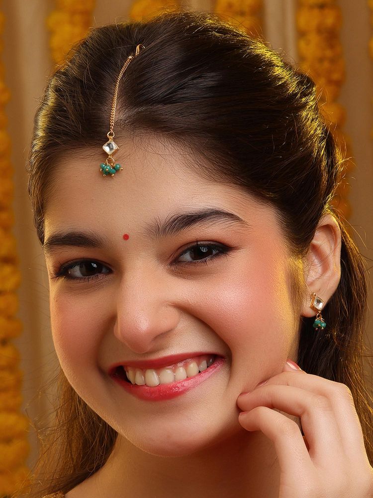 Ruby Raang Studio Gold-White Earrings with Maang Tikka-picture-16