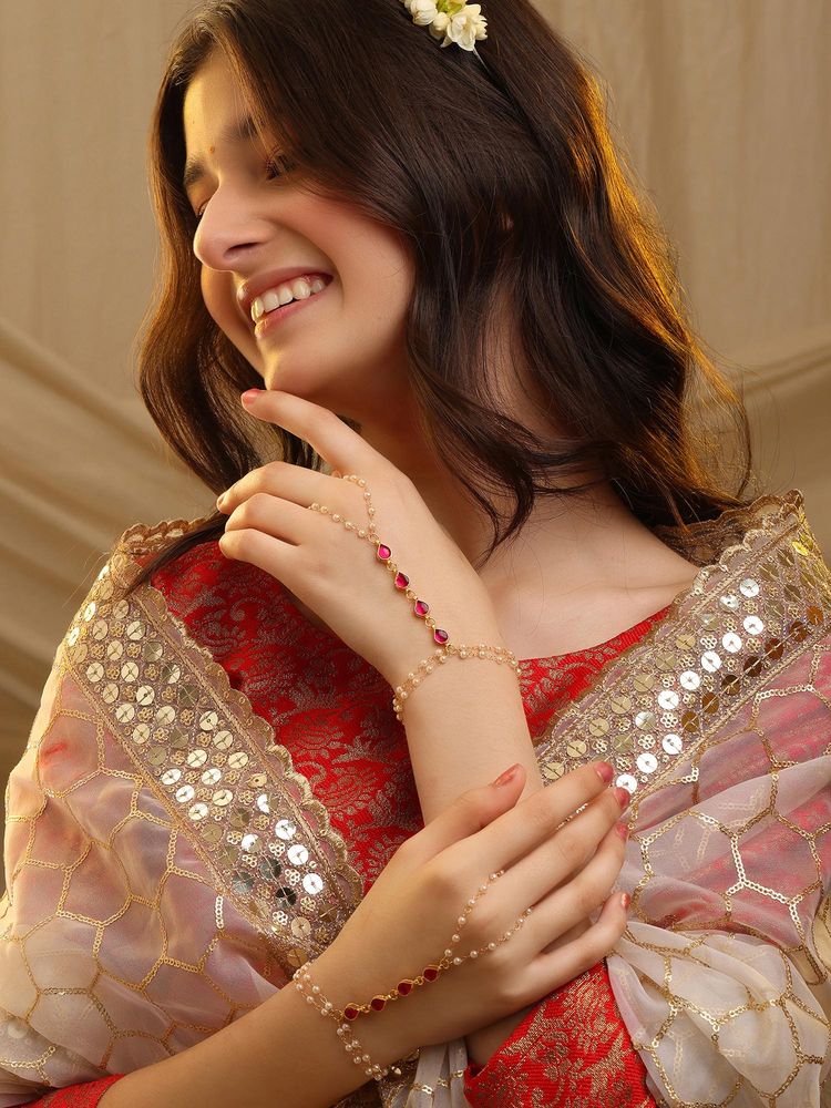 Ruby Raang Studio Gulnaar Pearl Kundan Ruby Hand Harness-picture-17