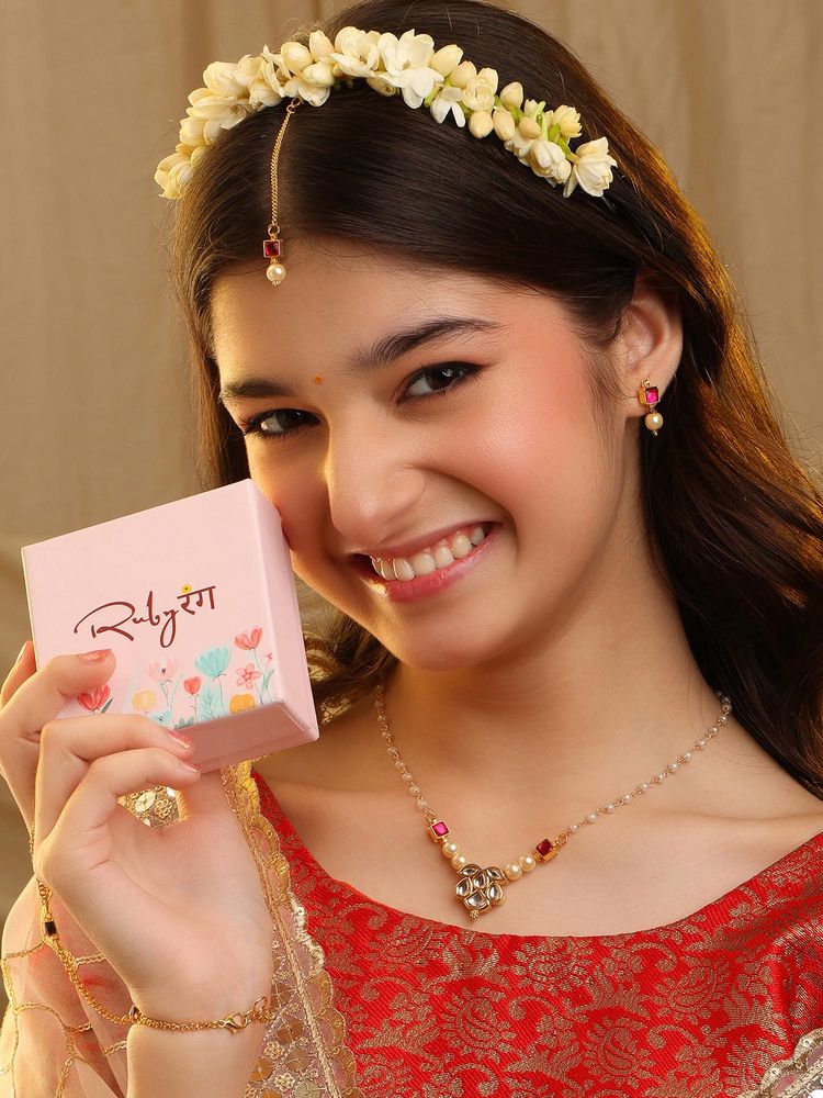 Ruby Raang Studio Mannat Pink Kundan Necklace with Earrings and Maang Tikka-image-8